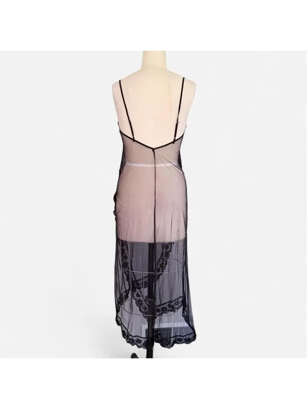 Frederick's of Hollywood Y2K Sheer Black Mesh Lace Slip Dress in Black